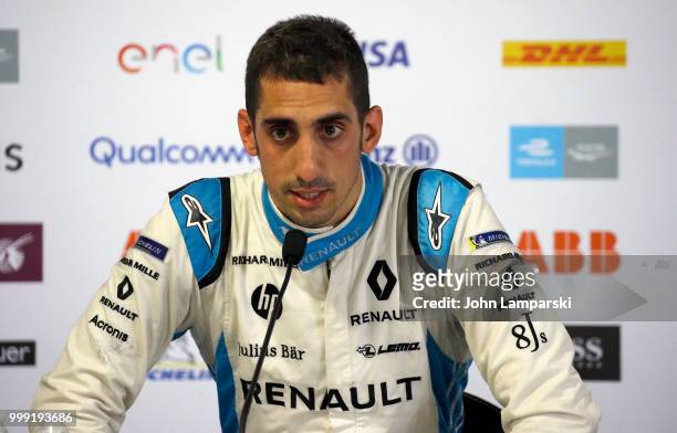 Sebastian Buemi of Renault speaks at an interview during the Formula E New York City Race on July 14, 2018 in New York City.