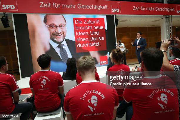 General secretary Hubertus Heil presents new posters for the SPD election campaign, during the second part of a campaign presentation at...