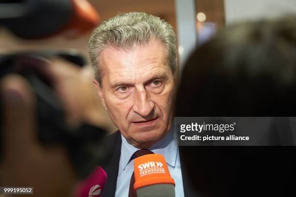 Guenther Oettinger , European Commissioner for Budget and Human Resources, speaking to journalists during the conclave of the Rhineland-Palatinate...