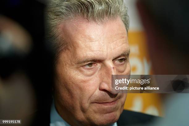 Guenther Oettinger , European Commissioner for Budget and Human Resources, speaking to journalists during the conclave of the Rhineland-Palatinate...