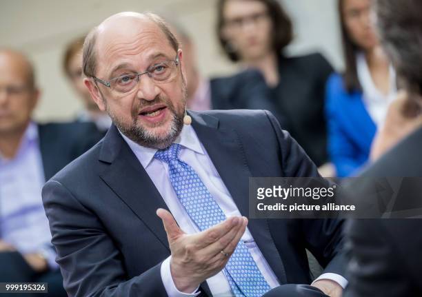 Chancellor candidate Martin Schulz speaking during a "Forum Politik" TV interview for broadcaster Phoenix, in Berlin, Germany, 17 August 2017. Photo:...