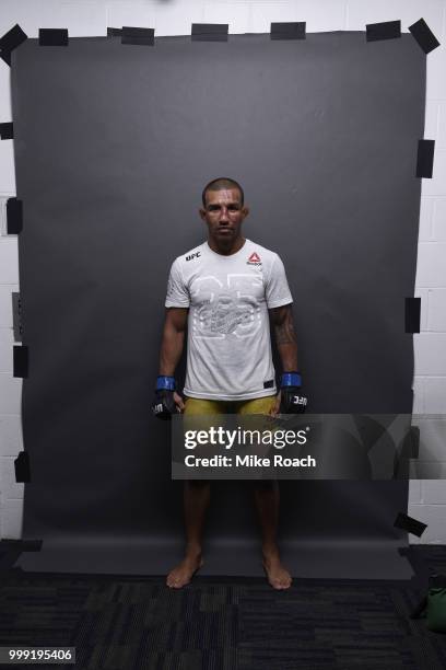 Raoni Barcelos of Brazil poses for a post fight portrait backstage during the UFC Fight Night event inside CenturyLink Arena on July 14, 2018 in...