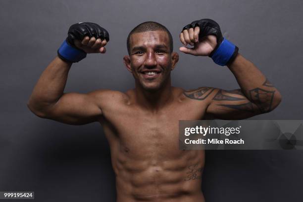 Raoni Barcelos of Brazil poses for a post fight portrait backstage during the UFC Fight Night event inside CenturyLink Arena on July 14, 2018 in...