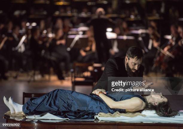 British singer Leigh Melrose as Golaud rehearsing with Canadian soprano and director Barbara Hannigan as Mélisande during the general rehearsing of...