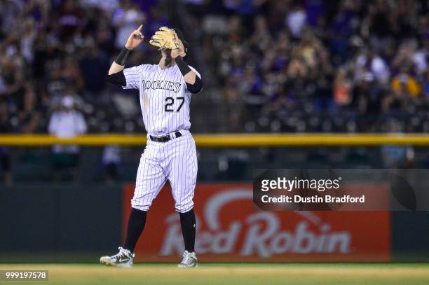 Trevor Story of the Colorado Rockies celebrates after a 4-1 win over the Seattle Mariners at Coors Field on July 14, 2018 in Denver, Colorado.