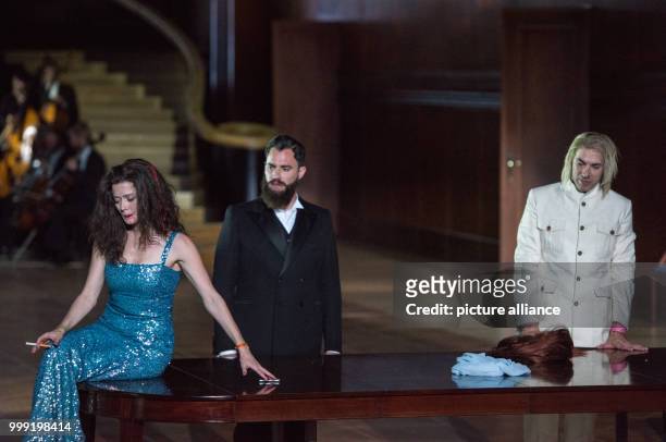 British singer Leigh Melrose as Golaud rehearsing with Canadian soprano and director Barbara Hannigan as Mélisande and Canadian baritone Phillip...