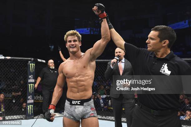 Sage Northcutt celebrates defeating Zak Ottow by TKO in their welterweight fight during the UFC Fight Night event inside CenturyLink Arena on July...