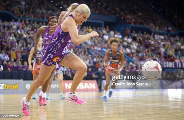 Gretel Tippett of the Firebirds chases the ball during the round 11 Super Netball match between the Firebirds and the Giants at Brisbane...
