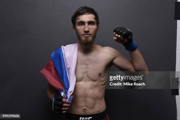 Said Nurmagomedov of Russia poses for a post fight portrait backstage during the UFC Fight Night event inside CenturyLink Arena on July 14, 2018 in...