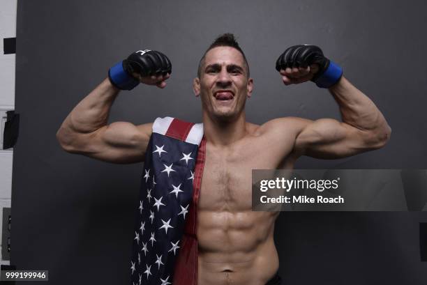 Niko Price poses for a post fight portrait backstage during the UFC Fight Night event inside CenturyLink Arena on July 14, 2018 in Boise, Idaho.