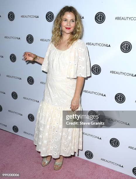Drew Barrymore arrives at the Beautycon Festival LA 2018 at Los Angeles Convention Center on July 14, 2018 in Los Angeles, California.
