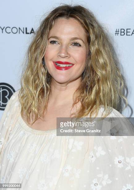 Drew Barrymore arrives at the Beautycon Festival LA 2018 at Los Angeles Convention Center on July 14, 2018 in Los Angeles, California.