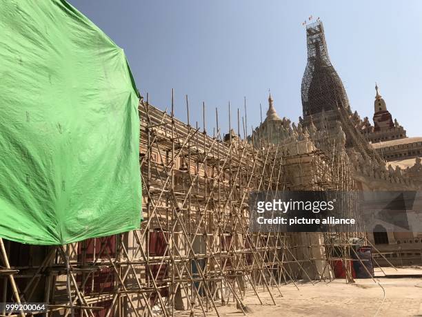 File picture dated 24 February 2017 showing one of more than 2000 buddhist pagodas with a scaffolding in the old royal city of Bagan in Myanmar....