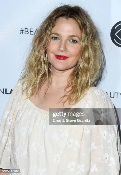 Drew Barrymore arrives at the Beautycon Festival LA 2018 at Los Angeles Convention Center on July 14, 2018 in Los Angeles, California.