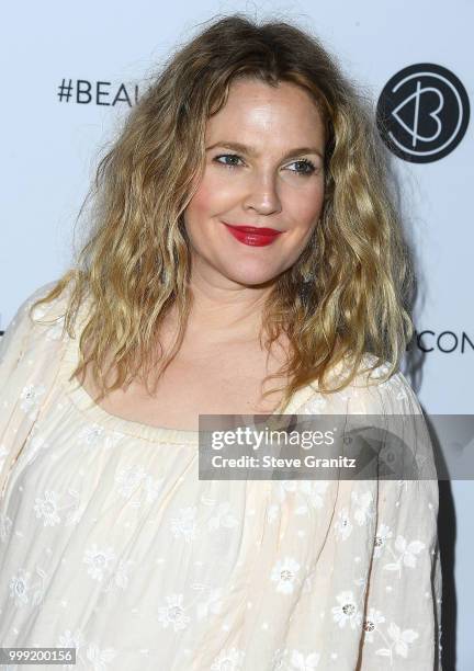 Drew Barrymore arrives at the Beautycon Festival LA 2018 at Los Angeles Convention Center on July 14, 2018 in Los Angeles, California.