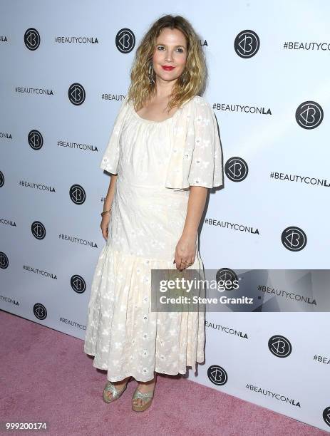 Drew Barrymore arrives at the Beautycon Festival LA 2018 at Los Angeles Convention Center on July 14, 2018 in Los Angeles, California.