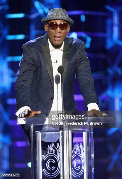 Dennis Rodman speaks onstage during the Comedy Central Roast of Bruce Willis at Hollywood Palladium on July 14, 2018 in Los Angeles, California.