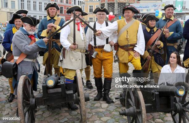 Reenactors of Swedish Carolean troops photographed at a historical military camp site in Wismar, Germany, 18 August 2017. The Hanseatic city...