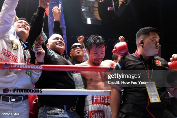 Manny Pacquiao of the Phillipines celebrates after defeating Lucas Matthysse of Argintine on July 15, 2018 in Kuala Lumpur, Malaysia.