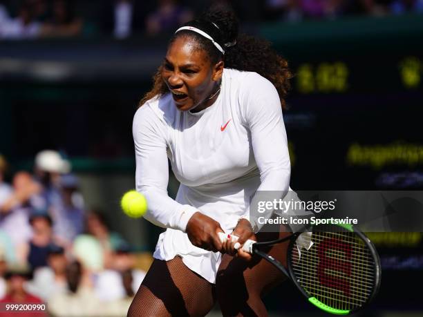 Serena Williams in action during her loss in the women's singles final to Angelique Kerber on July 14, 2018 at the Wimbledon Championships, played at...