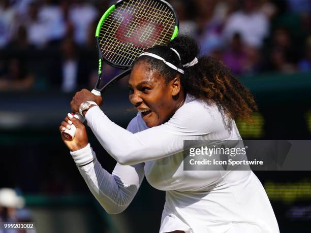 Serena Williams in action during her loss in the women's singles final to Angelique Kerber on July 14, 2018 at the Wimbledon Championships, played at...