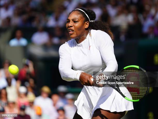 Serena Williams in action during her loss in the women's singles final to Angelique Kerber on July 14, 2018 at the Wimbledon Championships, played at...