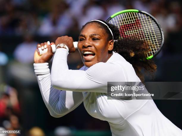 Serena Williams in action during her loss in the women's singles final to Angelique Kerber on July 14, 2018 at the Wimbledon Championships, played at...