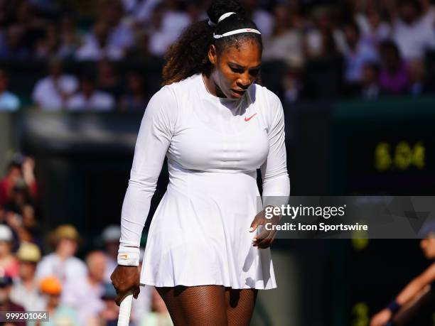Serena Williams dejected after loosing a game in the second set during her loss in the women's singles final to Angelique Kerber on July 14, 2018 at...