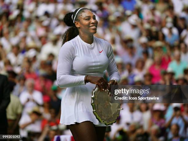 Serena Williams with the runner up trophy after her loss in the women's singles final to Angelique Kerber on July 14, 2018 at the Wimbledon...