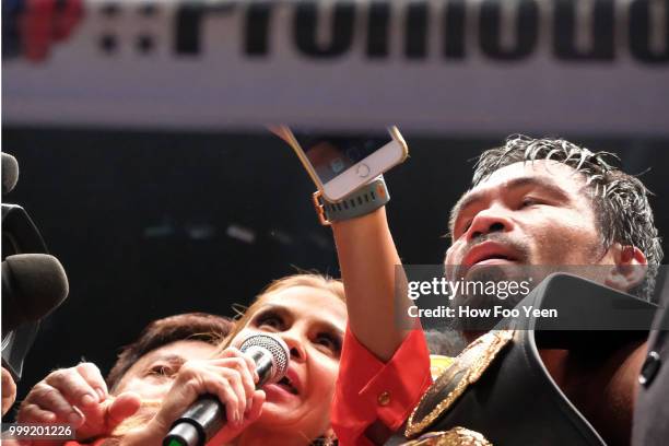 Manny Pacquiao of the Phillipines celebrates after defeating Lucas Matthysse of Argintine on July 15, 2018 in Kuala Lumpur, Malaysia.