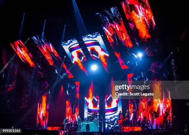 Brendon Urie of Panic! At The Disco performs during the Pray For The Wicked Tour at Little Caesars Arena on July 14, 2018 in Detroit, Michigan.