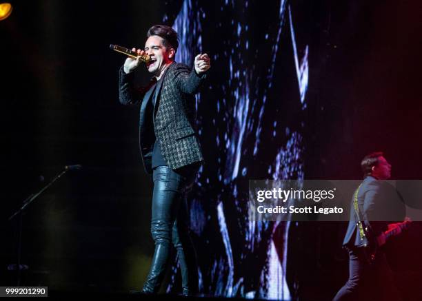 Brendon Urie of Panic! At The Disco performs during the Pray For The Wicked Tour at Little Caesars Arena on July 14, 2018 in Detroit, Michigan.