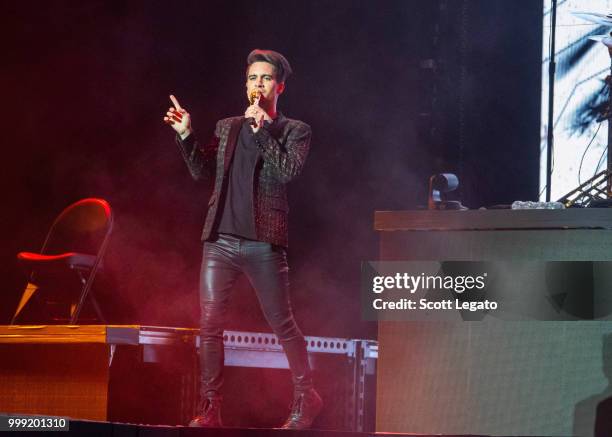 Brendon Urie of Panic! At The Disco performs during the Pray For The Wicked Tour at Little Caesars Arena on July 14, 2018 in Detroit, Michigan.