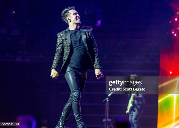 Brendon Urie of Panic! At The Disco performs during the Pray For The Wicked Tour at Little Caesars Arena on July 14, 2018 in Detroit, Michigan.