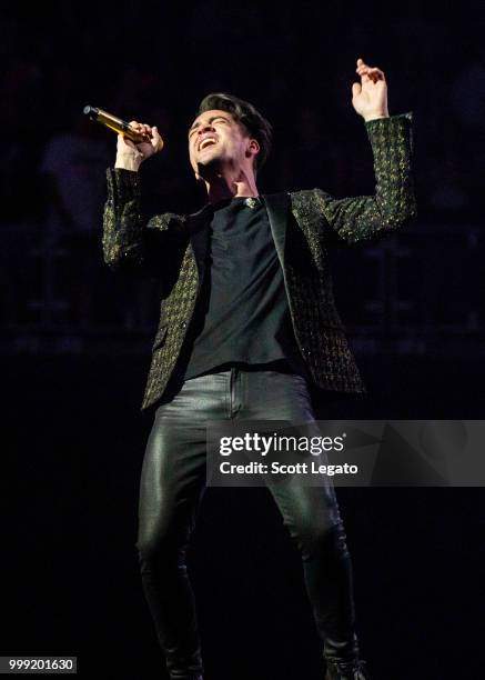 Brendon Urie of Panic! At The Disco performs during the Pray For The Wicked Tour at Little Caesars Arena on July 14, 2018 in Detroit, Michigan.