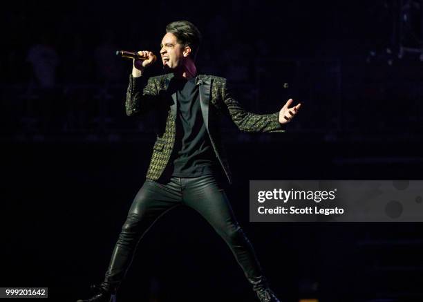 Brendon Urie of Panic! At The Disco performs during the Pray For The Wicked Tour at Little Caesars Arena on July 14, 2018 in Detroit, Michigan.