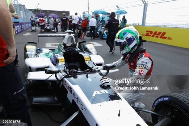 Race winner Lucas di Grassi of Audi Sport ABT Schaeffler Formula E Team prepares on track during the Formula E New York City Race on July 14, 2018 in...