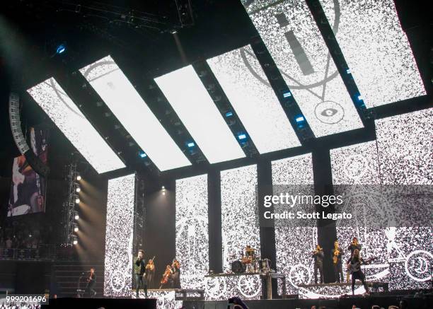 Brendon Urie of Panic! At The Disco performs during the Pray For The Wicked Tour at Little Caesars Arena on July 14, 2018 in Detroit, Michigan.