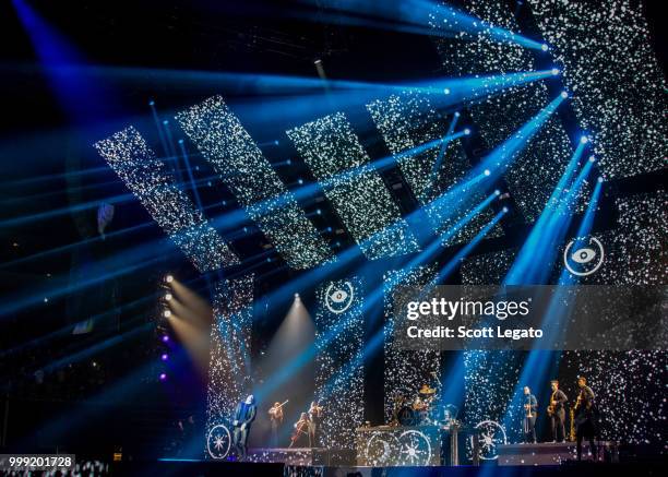 Brendon Urie of Panic! At The Disco performs during the Pray For The Wicked Tour at Little Caesars Arena on July 14, 2018 in Detroit, Michigan.