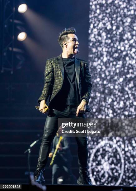 Brendon Urie of Panic! At The Disco performs during the Pray For The Wicked Tour at Little Caesars Arena on July 14, 2018 in Detroit, Michigan.