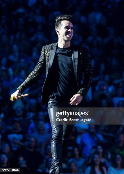 Brendon Urie of Panic! At The Disco performs during the Pray For The Wicked Tour at Little Caesars Arena on July 14, 2018 in Detroit, Michigan.