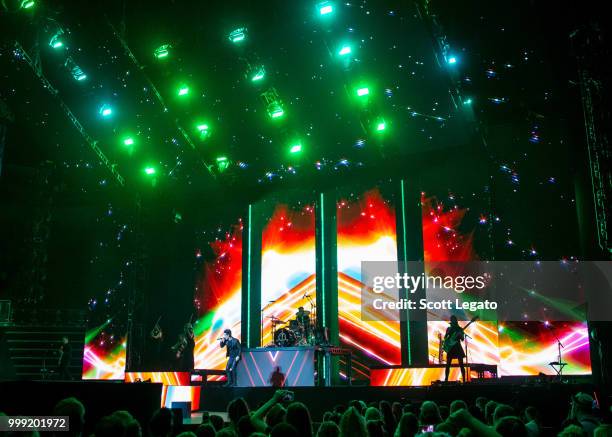 Brendon Urie of Panic! At The Disco performs during the Pray For The Wicked Tour at Little Caesars Arena on July 14, 2018 in Detroit, Michigan.