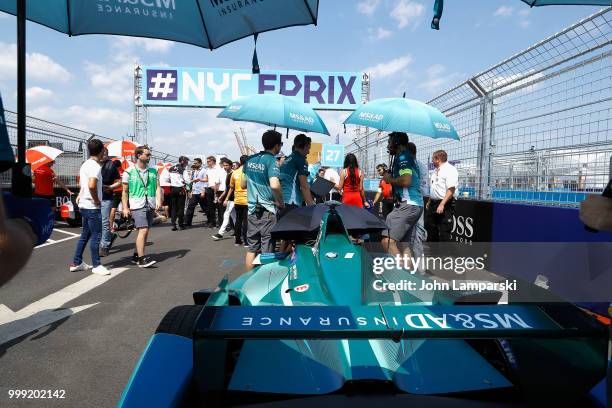 Andretti Formula E Team cars are being prepared on track during the Formula E New York City Race on July 14, 2018 in New York City.
