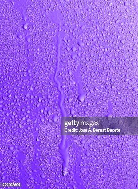 full frame of the textures formed by the bubbles and drops of water, slipping on the crystal of a window of color violet. - bernat bacete imagens e fotografias de stock