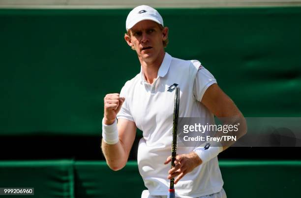 Kevin Anderson of South Africa celebrates against John Isner of the United States in the semi final of the gentlemen's singles at the All England...