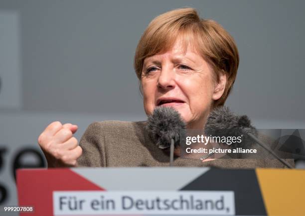 The German Chancellor Angela Merkel speaks in Steinhude, Germany, 18 August 2017. During a central mass rally of the Christian Democratic Union of...