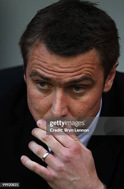Huddersfield Town Manager Lee Clark looks on prior to the League One Playoff Semi Final 2nd Leg between Millwall and Huddersfield Town at The New Den...