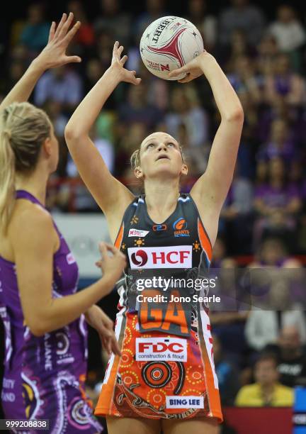 Joanne Harten of the Giants looks to shoot during the round 11 Super Netball match between the Firebirds and the Giants at Brisbane Entertainment...