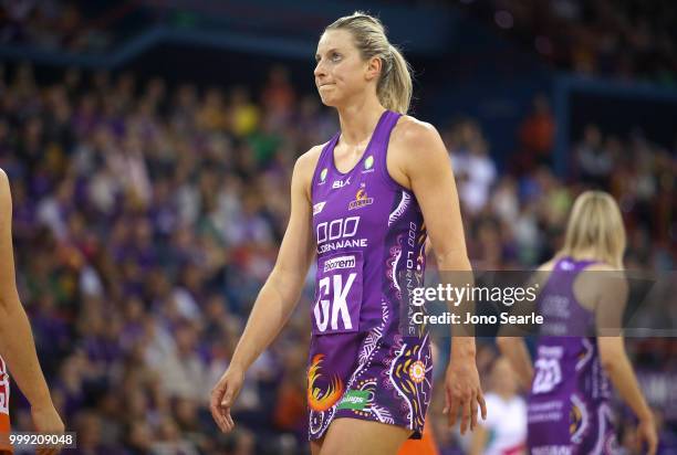 Laura Geitz of the Firebirds looks on during the round 11 Super Netball match between the Firebirds and the Giants at Brisbane Entertainment Centre...