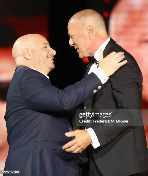 Jeff Ross and Bruce Willis speak onstage during the Comedy Central Roast of Bruce Willis at Hollywood Palladium on July 14, 2018 in Los Angeles,...